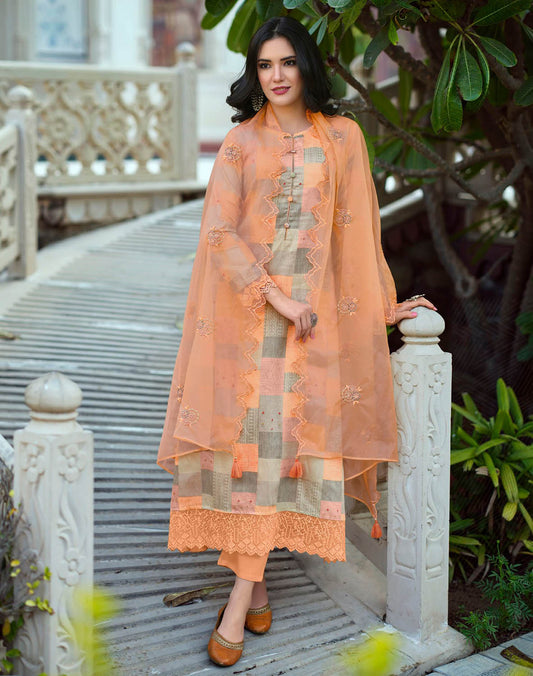 Unstitched Women Cotton Silk Orange Suit Material with Organza Dupatta