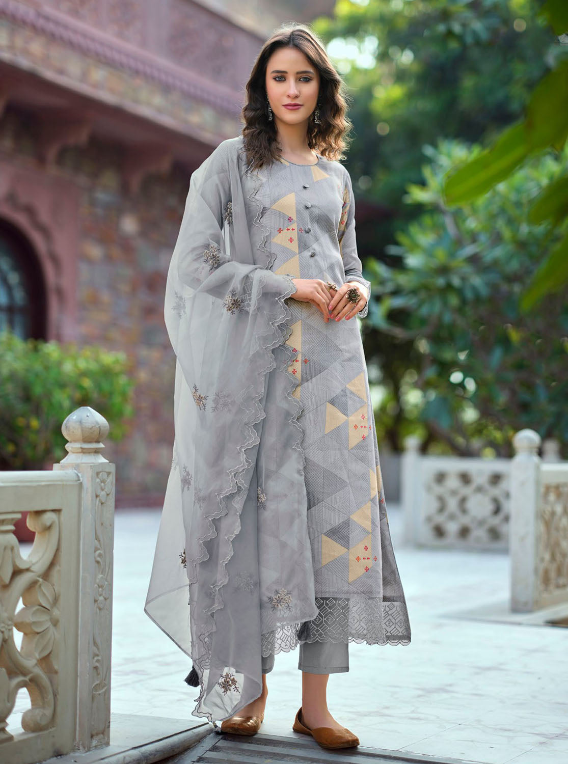 Unstitched Women Cotton Silk Grey Suit Material with Organza Dupatta