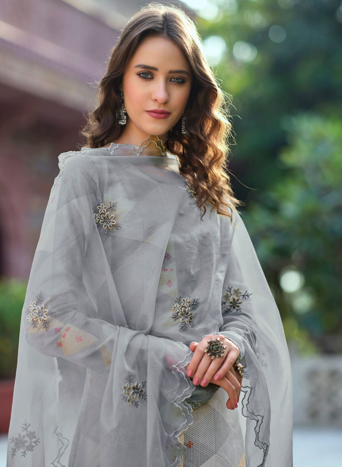 Unstitched Women Cotton Silk Grey Suit Material with Organza Dupatta