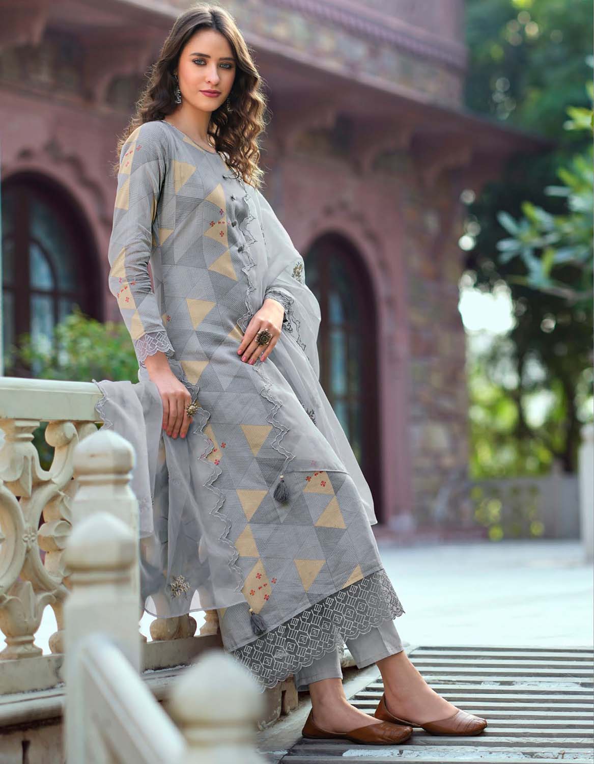 Unstitched Women Cotton Silk Grey Suit Material with Organza Dupatta
