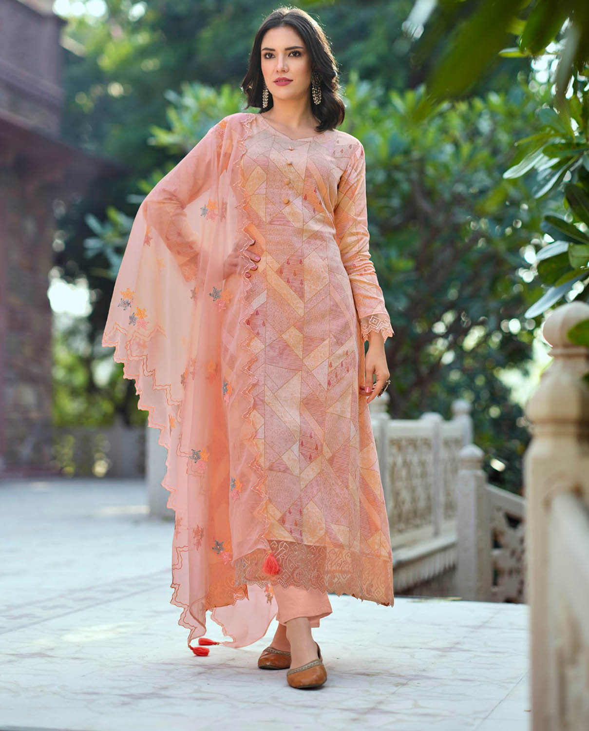 Unstitched Women Cotton Silk Peach Suit Material with Organza Dupatta