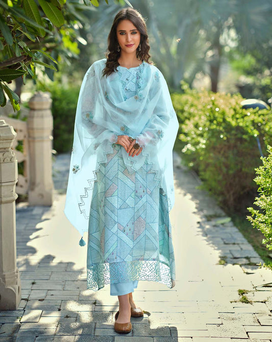 Unstitched Women Cotton Silk Blue Suit Material with Organza Dupatta