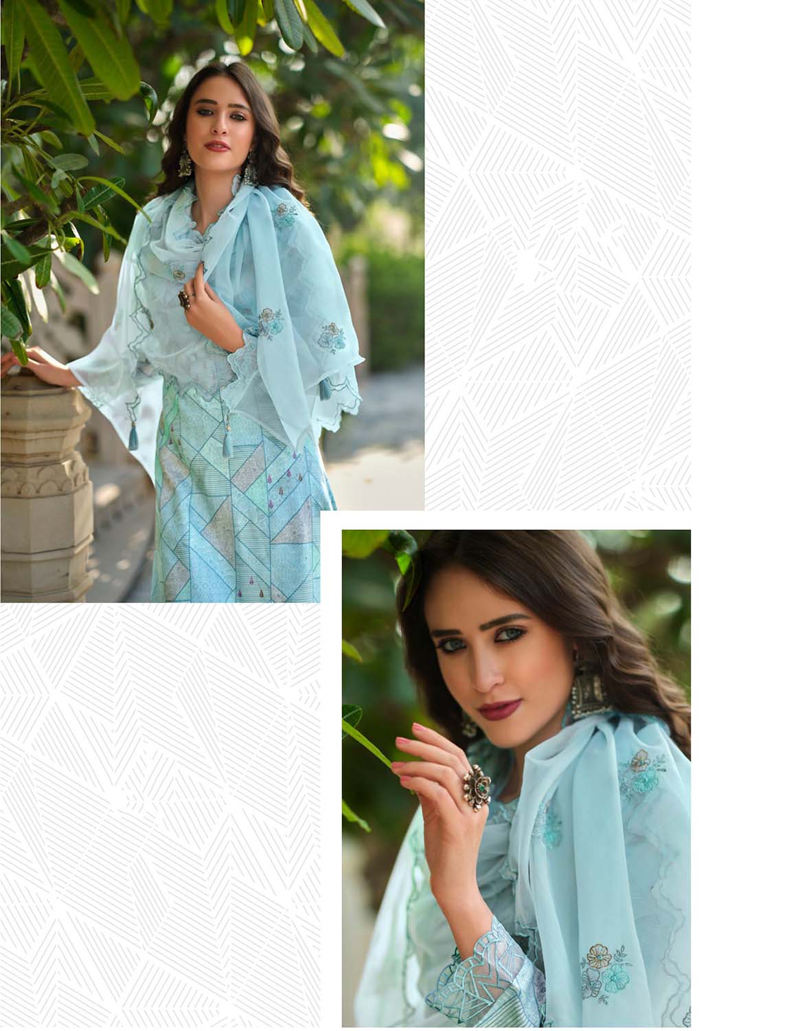 Unstitched Women Cotton Silk Blue Suit Material with Organza Dupatta