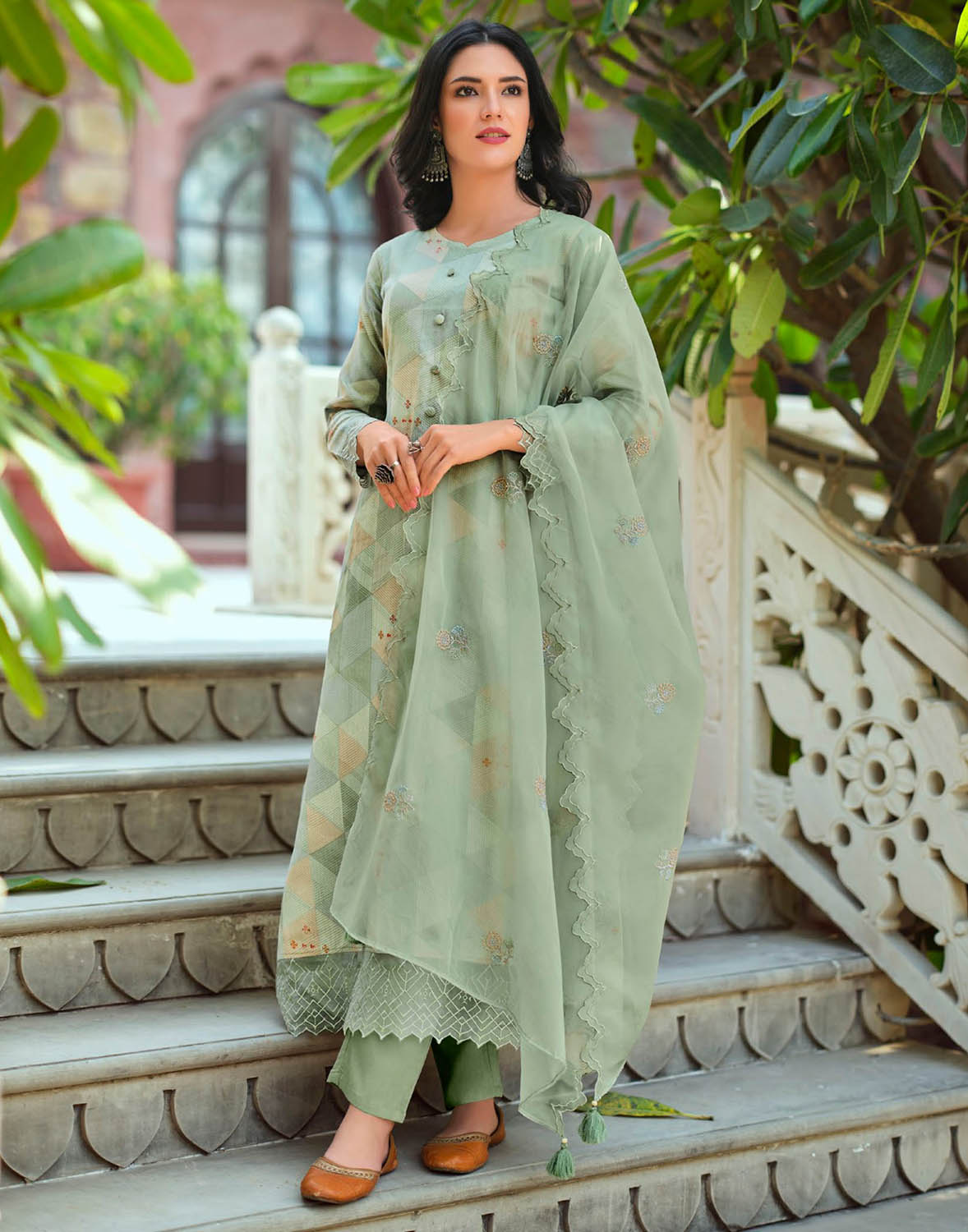 Unstitched Cotton Silk Olive Green Suit Material with Organza Dupatta