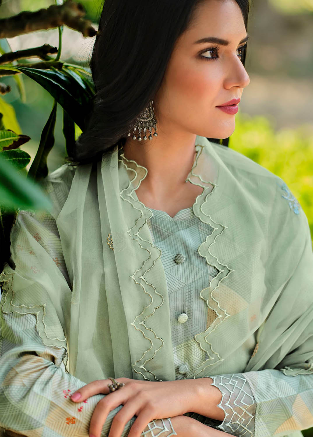 Unstitched Cotton Silk Olive Green Suit Material with Organza Dupatta