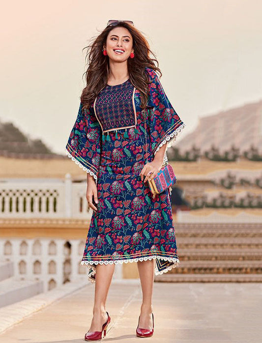 Kajal Style Cotton Blue Kaftans Dress with Fancy Embroidery - Stilento