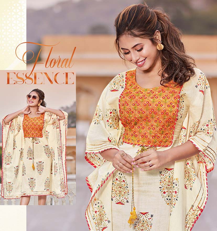 Kajal Style Cotton Kaftans Dress with Fancy Embroidery for Women - Stilento
