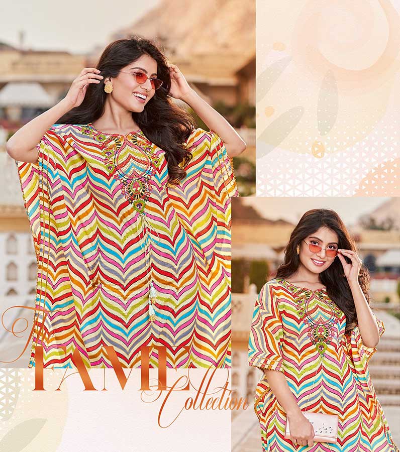 Kajal Style Cotton Multicolored Kaftans Dress with Fancy Embroidery - Stilento