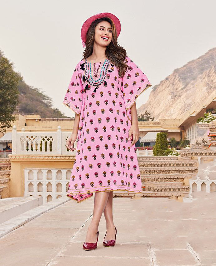 Kajal Style Cotton Pink Kaftans with Fancy Embroidery for Women - Stilento
