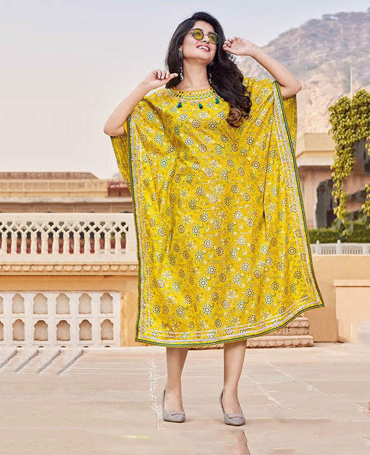 Kajal Style Cotton Yellow Kaftans with Fancy Embroidery for Women - Stilento