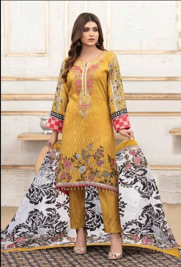 Karachi Printed Cotton Yellow Women Suit Dress Material - Stilento