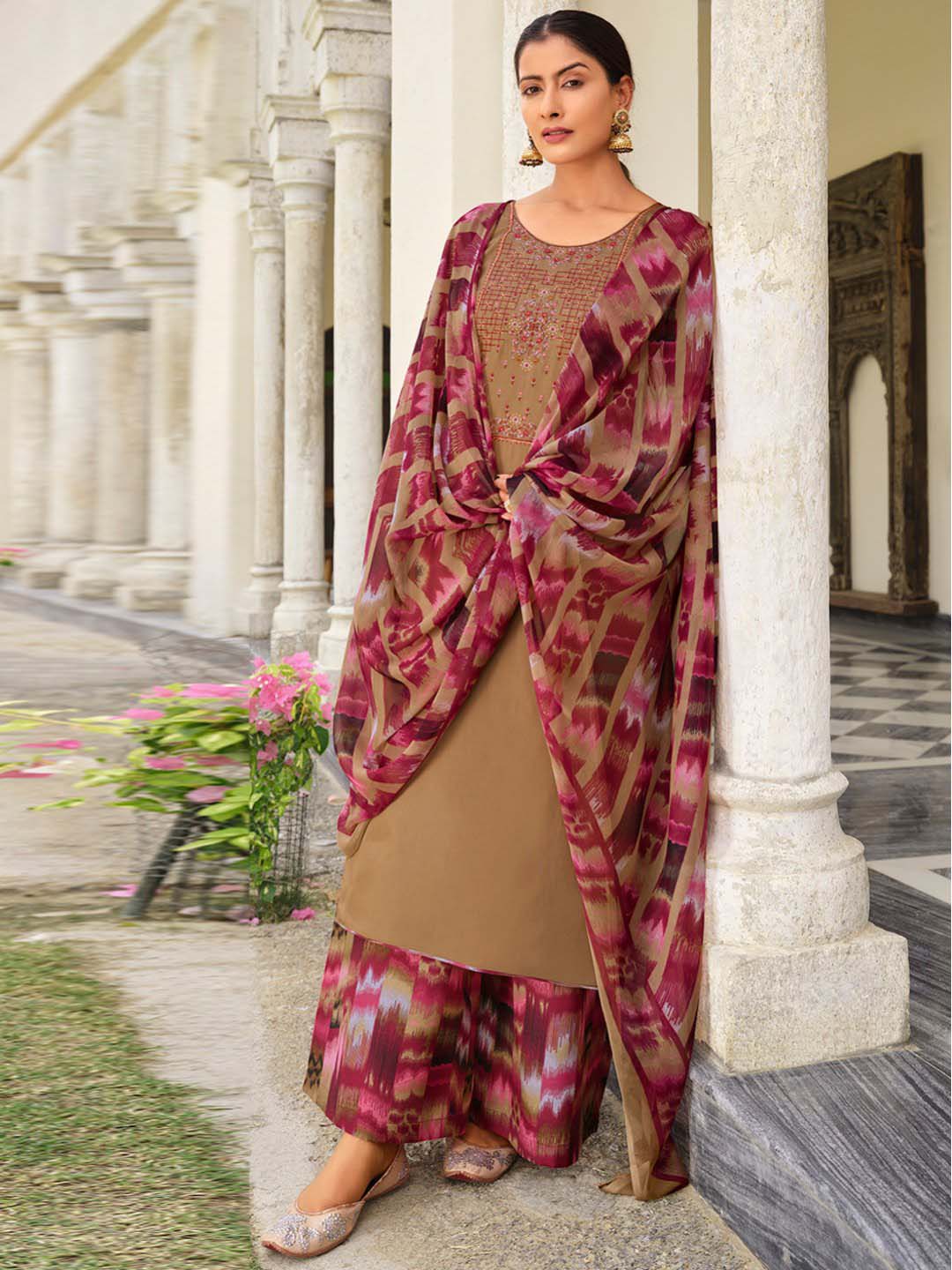 Beige Pure Jam Cotton Unstitched Suits with Heavy Embroidery Material