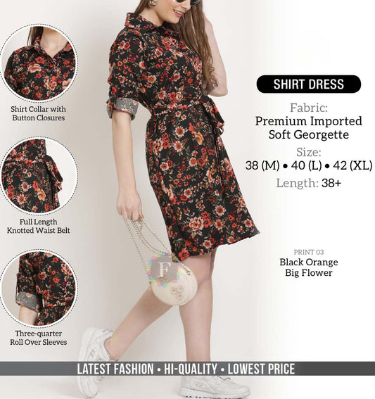 Knee Length Georgette Black Shirt Dress for Women - Stilento