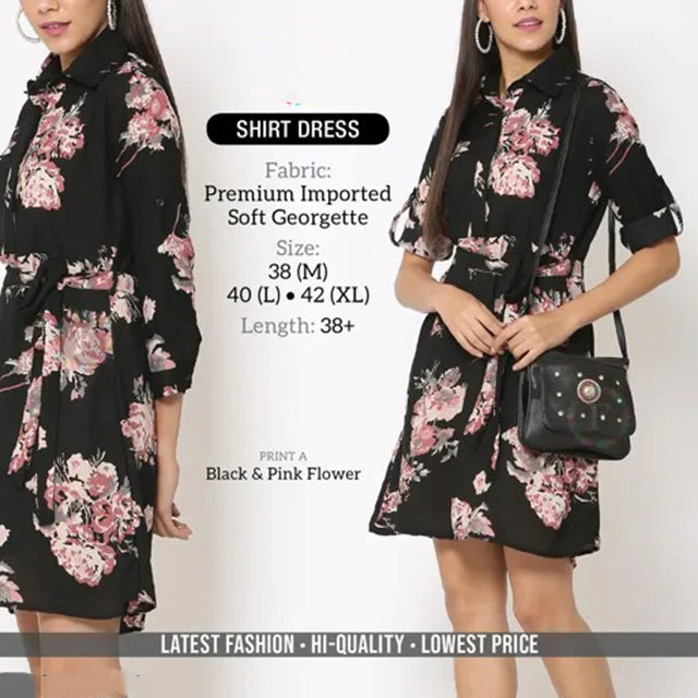 Knee Length Georgette Black Shirt Dress for Women - Stilento