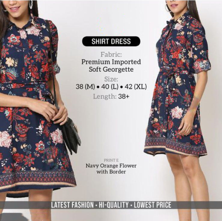 Knee Length Georgette Blue Shirt Dress for Women - Stilento