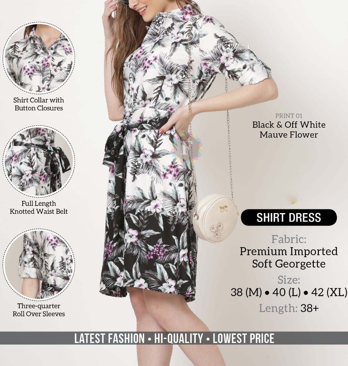 Knee Length Georgette White Shirt Dress for Women - Stilento