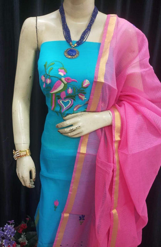 Kota Cotton Blue Embroidered Suit with Pink Dupatta