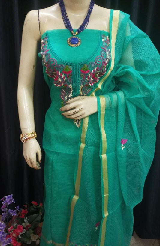 Kota Cotton Dark Green Green Embroidered Suit with Dupatta Suit