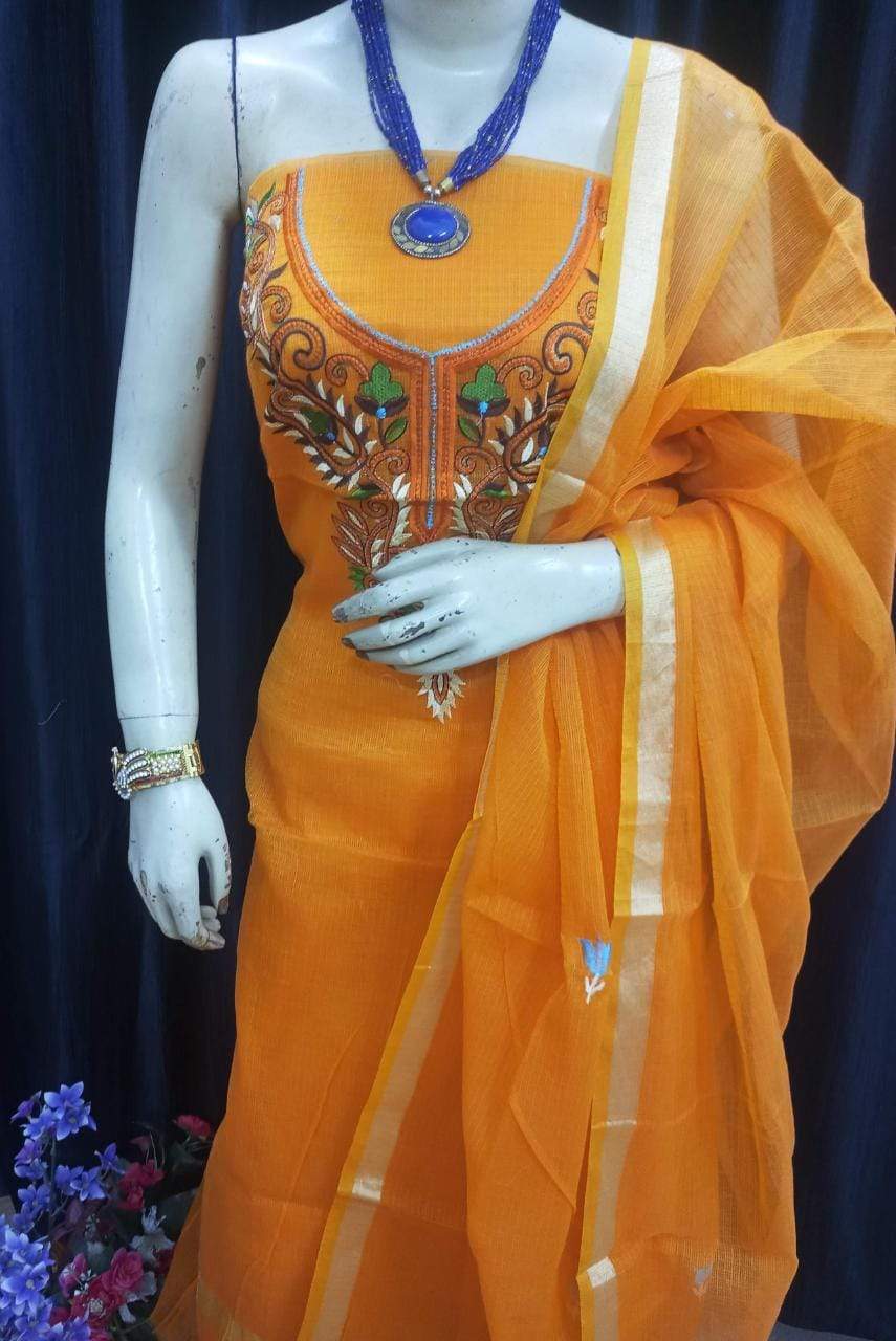 Kota Cotton Fark Orange Embroidered Suit with Dupatta Suit - Stilento