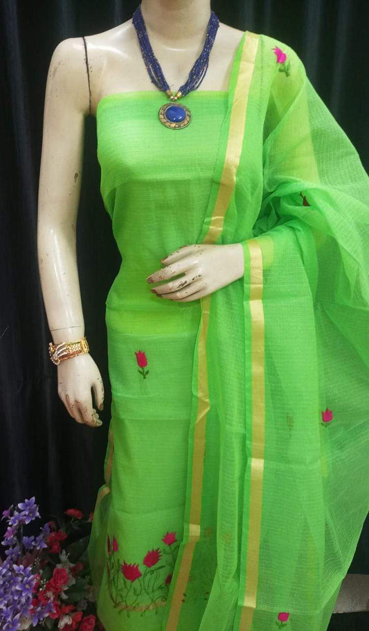 Kota Cotton Green Embroidered Suit with Dupatta Suit Set