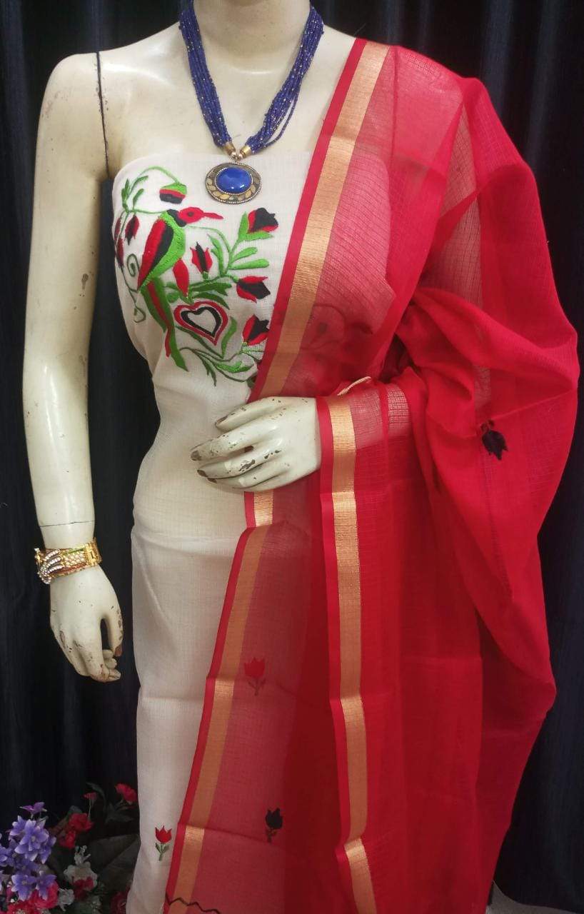 Kota Cotton Light Brown Embroidered Suit with Red Dupatta - Stilento