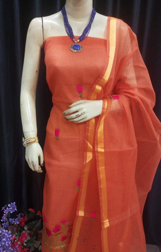 Kota Cotton Orange Embroidered Suit with Dupatta Suit