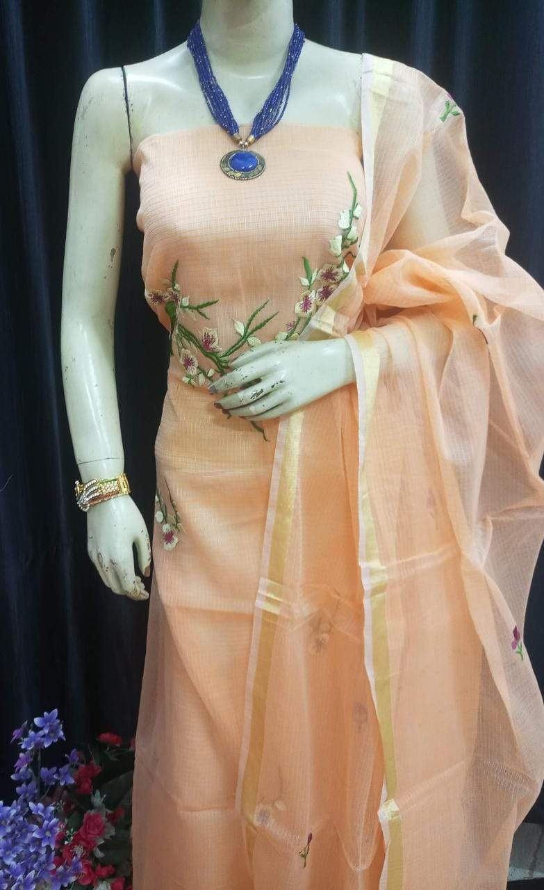 Kota Cotton Orange Embroidered Suit with Dupatta Suit - Stilento