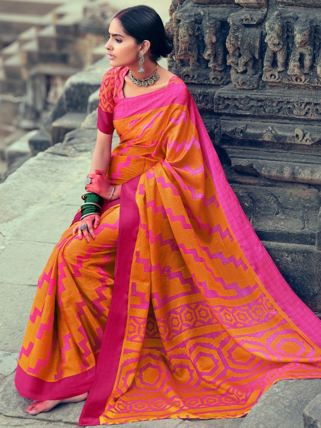 Bottle Green And Orange Silk Party Wear Saree | Latest Kurti Designs