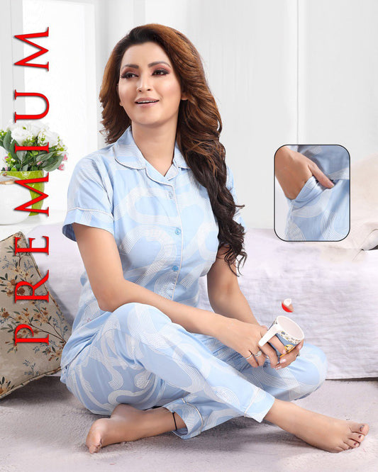 Ladies Cotton Printed Blue Collar Top Pyjama Sets Nightwear - Stilento