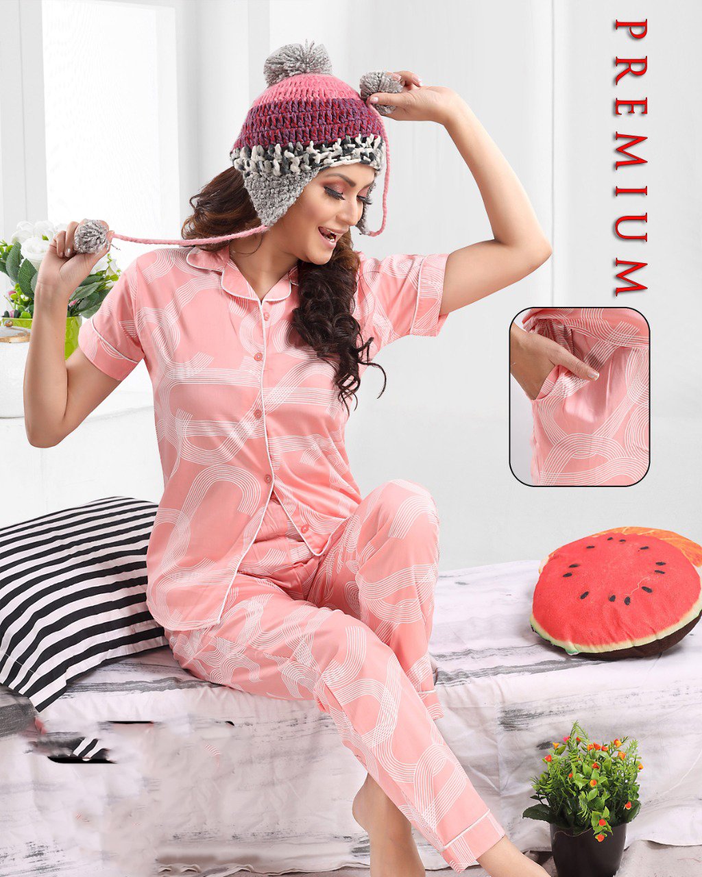 Ladies Cotton Printed Pink Collar Top Pyjama Sets Nightwear - Stilento