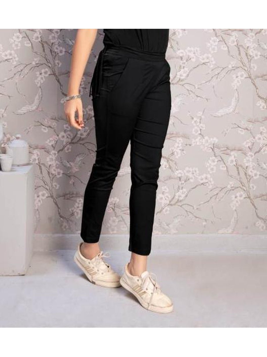 Shop Black Solid Cotton Lycra Pants For Women
