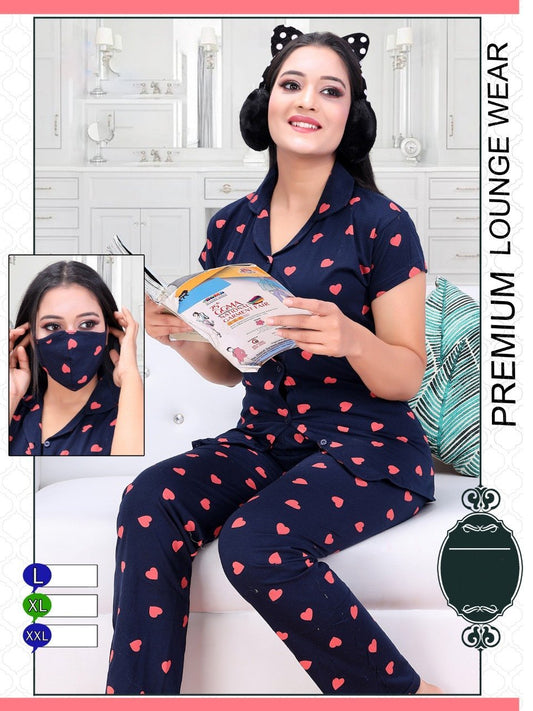 Ladies Dark Blue Cotton Night Suit Pajamas Set - Stilento