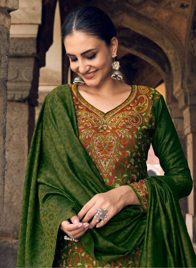 Pure Handloom Weaving Pashmina Green Winter Suits Set - Stilento