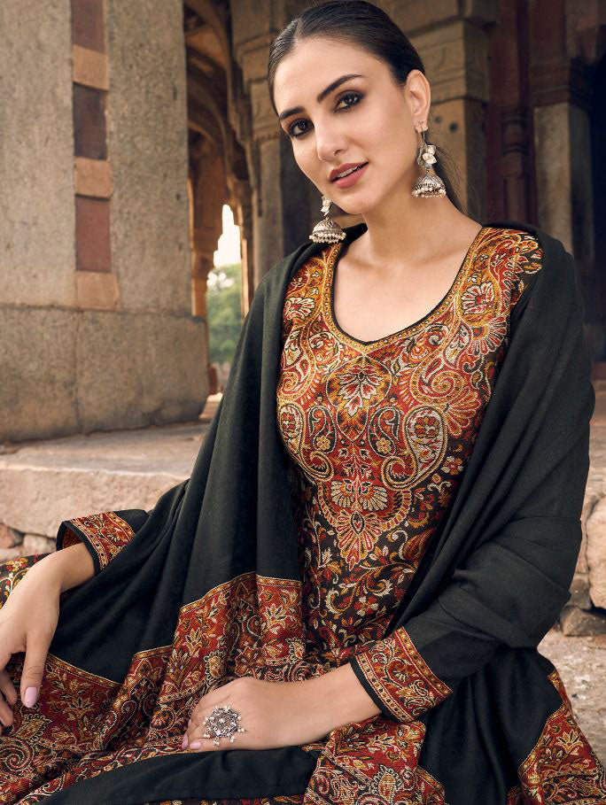 Pure Handloom Weaving Pashmina Black Winter Suits Set - Stilento