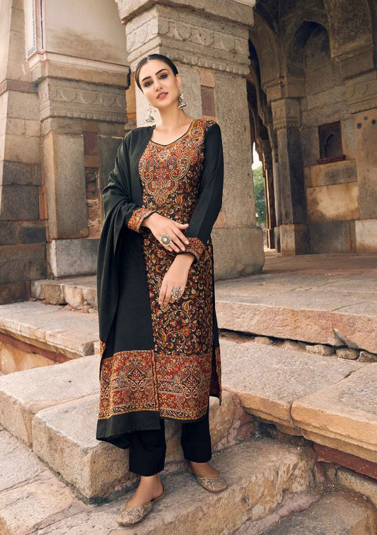 Pure Handloom Weaving Pashmina Black Winter Suits Set