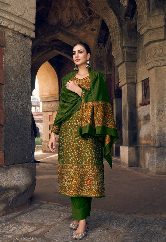 Pure Handloom Weaving Pashmina Green Winter Suits Set - Stilento
