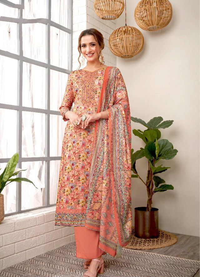 Unstitched Pashmina With Embroidery Peach Winter Suit - Stilento