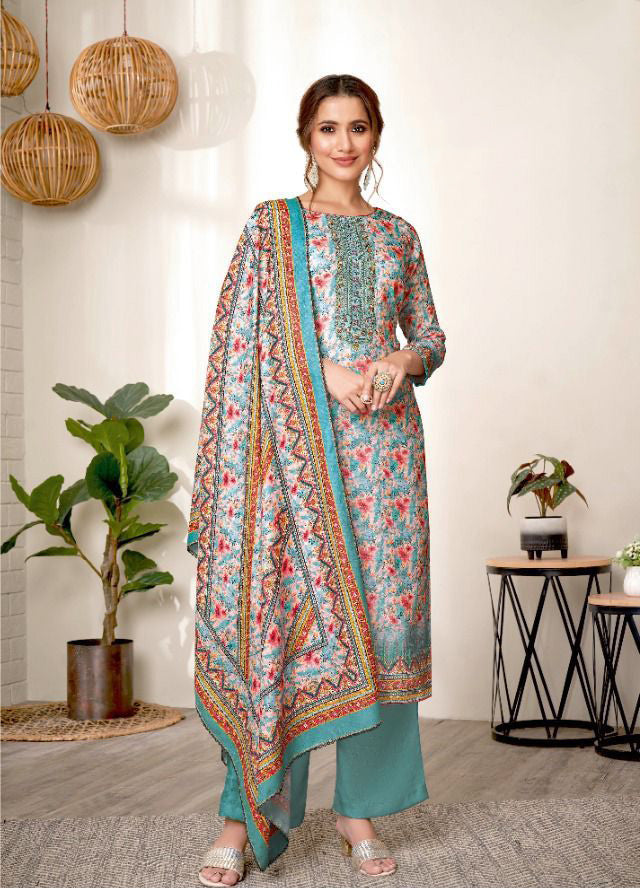 Unstitched Pashmina With Embroidery Blue Winter Suit - Stilento