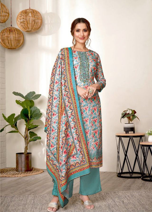 Unstitched Pashmina With Embroidery Blue Winter Suit