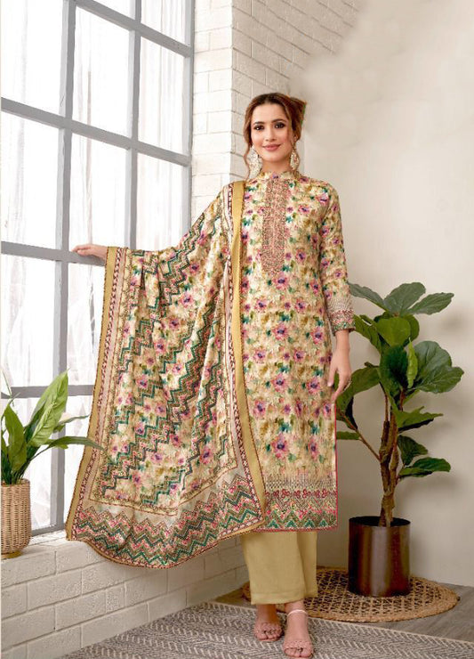 Unstitched Pashmina With Embroidery Green Winter Suit