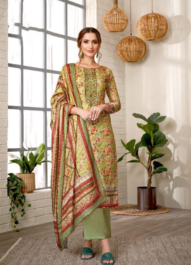 Unstitched Pashmina With Embroidery Green Winter Suit - Stilento