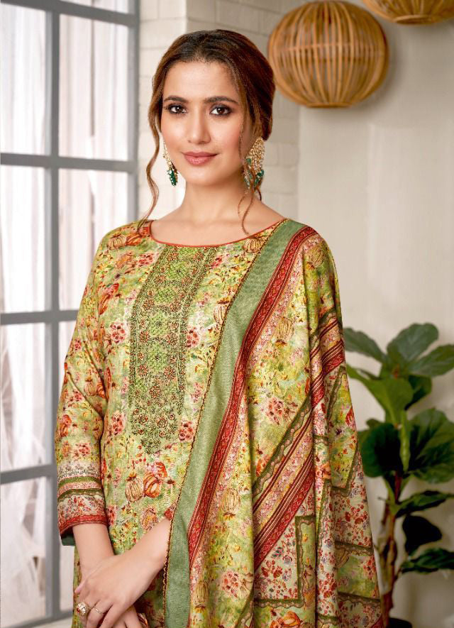Unstitched Pashmina With Embroidery Green Winter Suit - Stilento