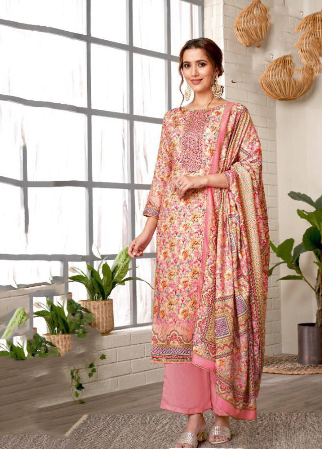 Unstitched Pashmina With Embroidery Pink Winter Suit - Stilento