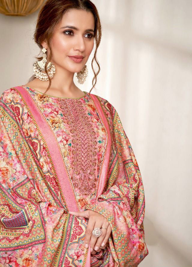 Unstitched Pashmina With Embroidery Pink Winter Suit - Stilento