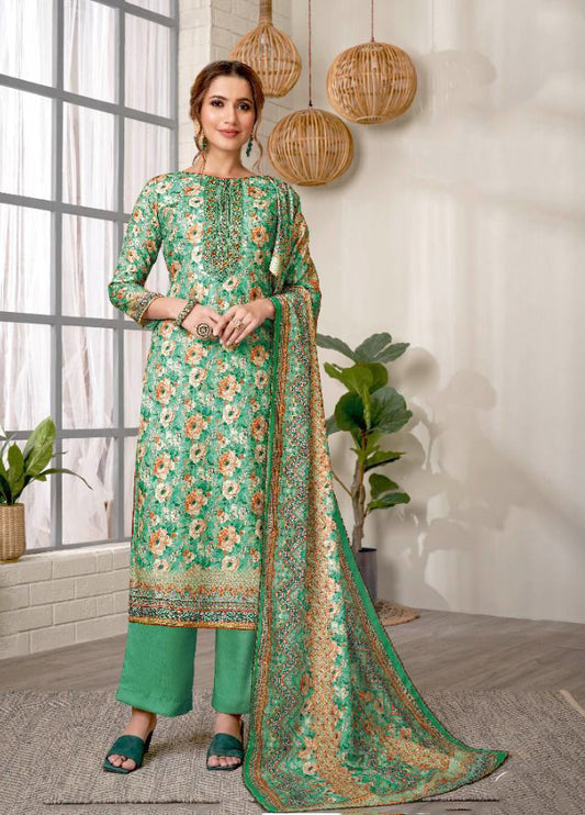 Unstitched Pashmina With Embroidery Green Winter Suit