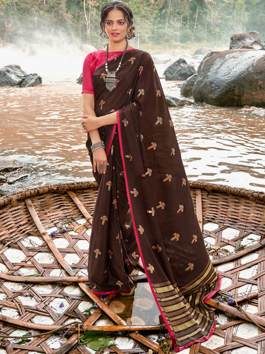 Latest Dark Brown Printed Chiffon Sarees for Women With Blouse - Stilento