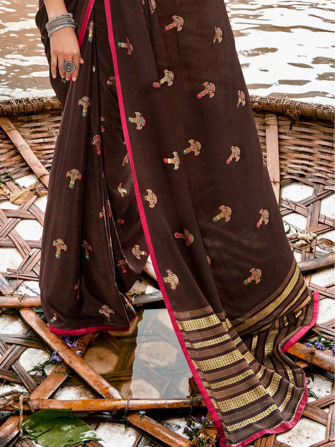 Latest Dark Brown Printed Chiffon Sarees for Women With Blouse - Stilento