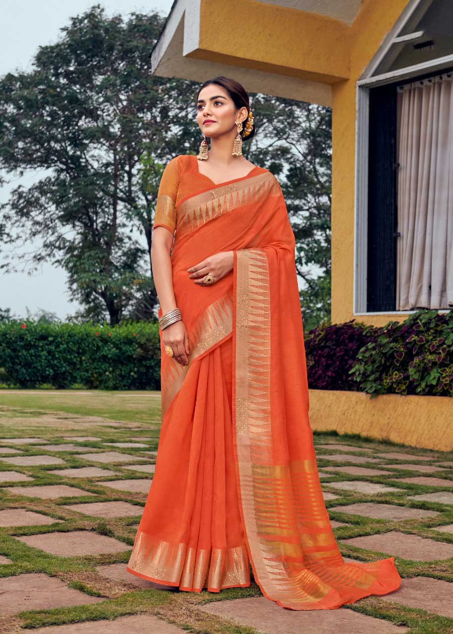 Latest Orange Double Zari Siroski Silk Saree for Women