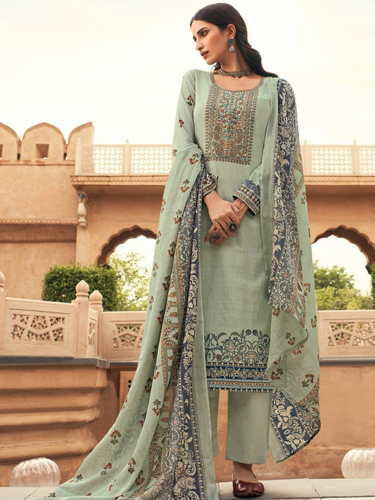 Lawn Cotton Green Un-Stitched Suit Material with Embroidery