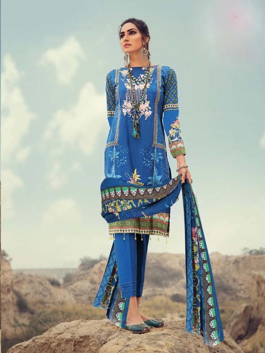 Lawn cotton pakistani style blue dress material for women